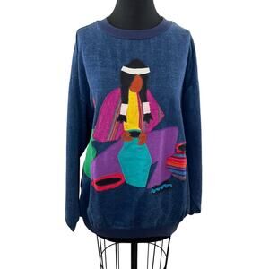 Unique Alfredo's Wife Native American Embroidered Applique Blue Crew Pullover XL